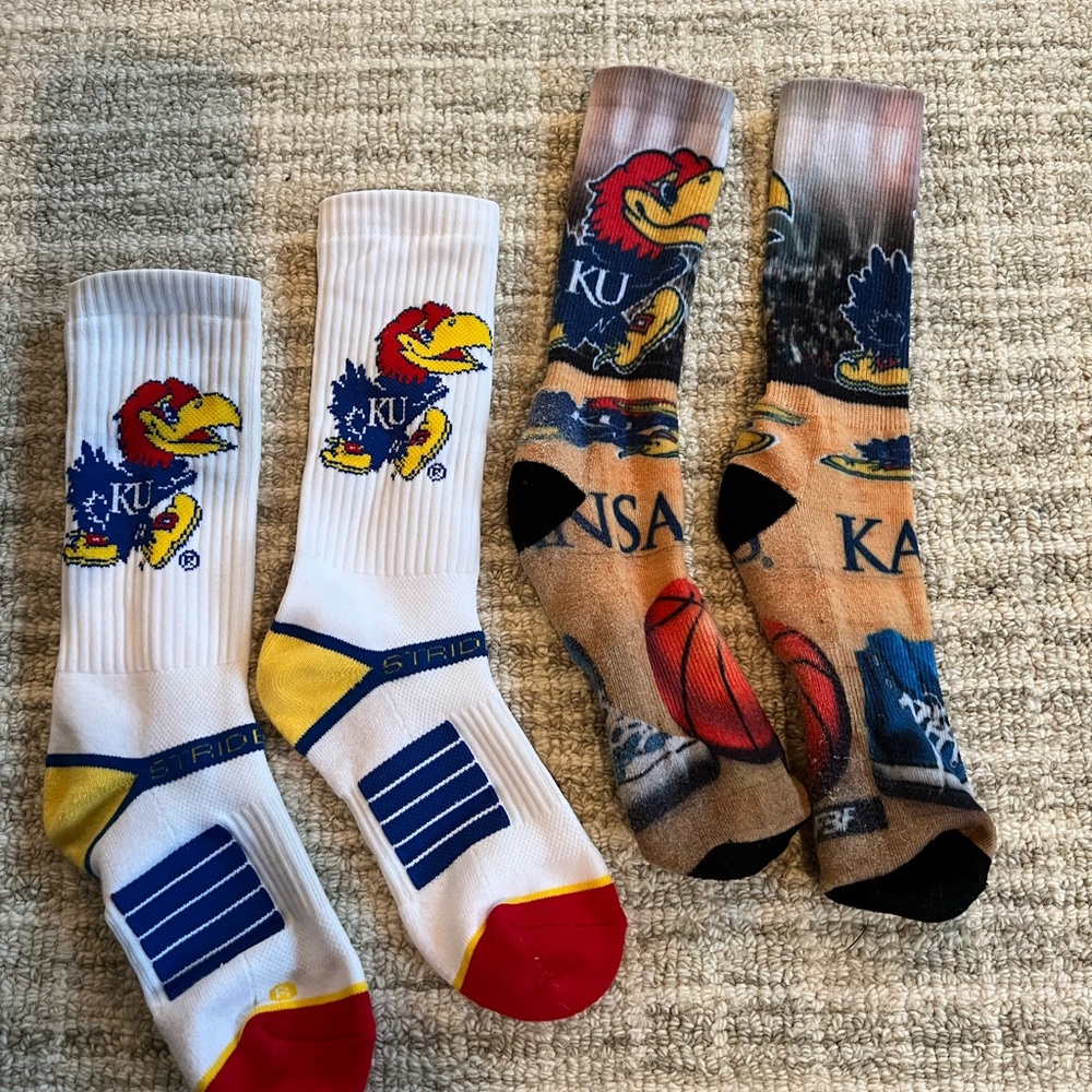 KU Kansas Jayhawks Men's Crew Socks - White and Multicolor and new shoe strings - Picture 2 of 8
